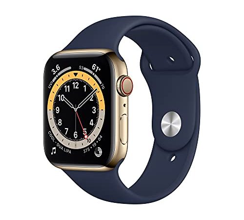 Apple Watch Series 6 GPS + Cellular, Cassa 44 mm in acciaio inossidabile color oro con Cinturino Sport Deep Navy