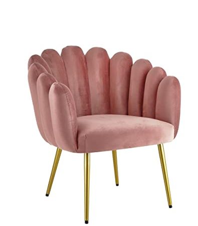 Baroni Home Poltrona Imbottita con Schienale a Conchiglia in Velluto con Gambe Oro in Ferro, Poltroncina per Soggiorno o Camera da letto Super Confortevole, 67X64X77cm, Cipria Gambe Oro