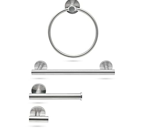 Rovency Set Bagno Accessori Completo 4 Pz Acciaio Inox-Porta Asciugamano Porta Rotolo Carta Igienica Gancio Porta Accappatoio Anello Porta Salvietta Fissaggio Con Viti o Con Adesivo Forte Resistenza