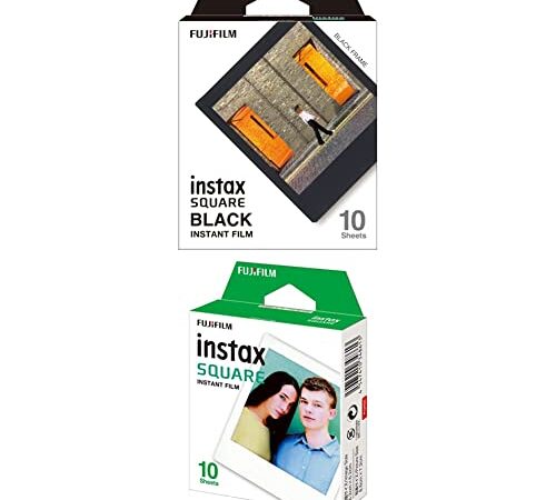 Fujifilm Instax Square Black Frame, Film Pellicola Istantanea, Formato Quadrato, 62x62 mm, Confezione da 10 Foto, Bordo Nero & Square Film 10 Fogli Pellicola Istantanea, Formato 62 X 62 mm, Bianco